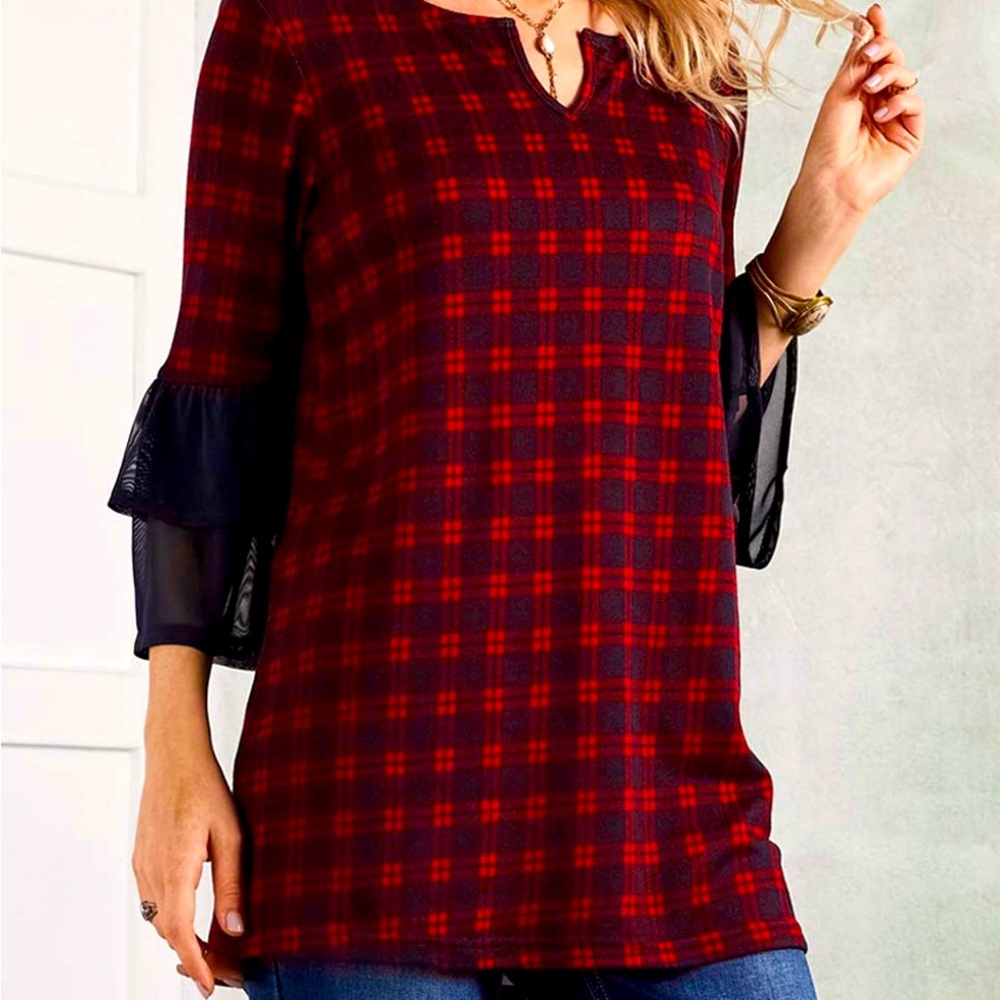 Red & Navy Tartan Ruffle-Sleeve Notch
Neck Tunic - Plus